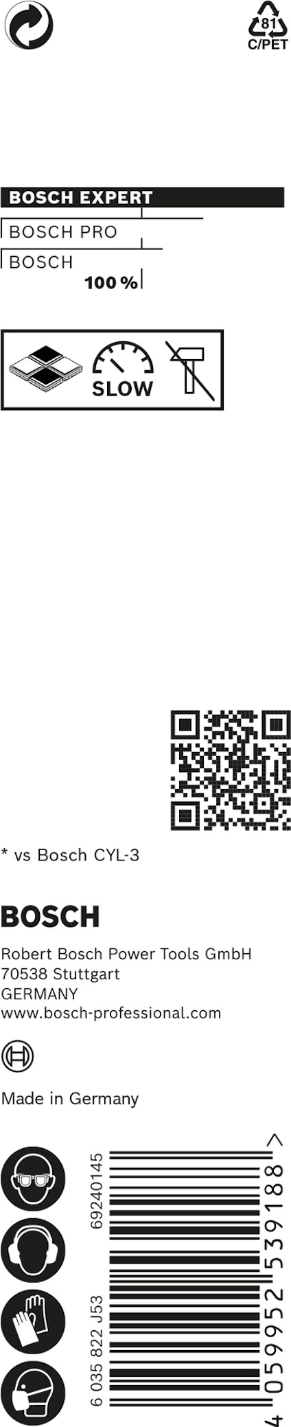 Förpackning med Bosch logotyp, QR-kod, streckkod och text om tillverkning i Tyskland.