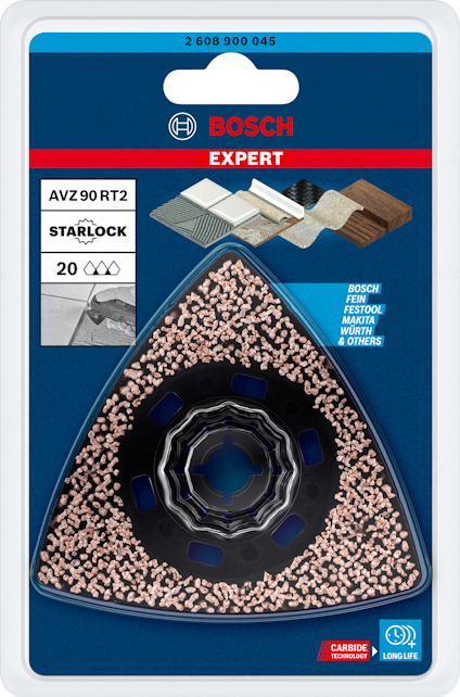 Förpackning med ett Bosch Expert Starlock AVZ90RT2 slipverktyg, triangelformat, för olika material. 20-pack.