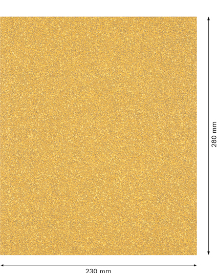 Guldfärgat slippapper med mått 230 mm x 280 mm.