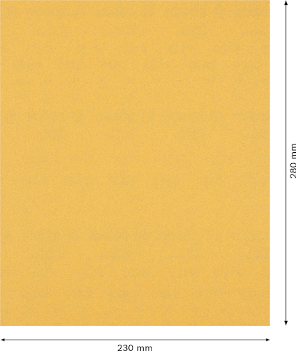 Rektangulär, gul slippapper med måtten 230 mm x 280 mm.