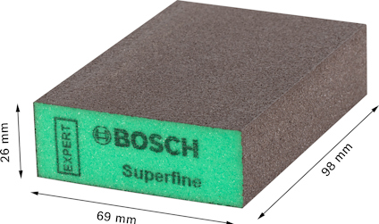 Slipblock, svart och grön, med texten "Bosch Superfine Expert". Mått: 98 x 69 x 26 mm.