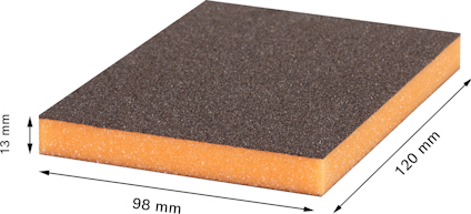 Svart och orange slipblock med måtten 120 mm x 98 mm x 13 mm.