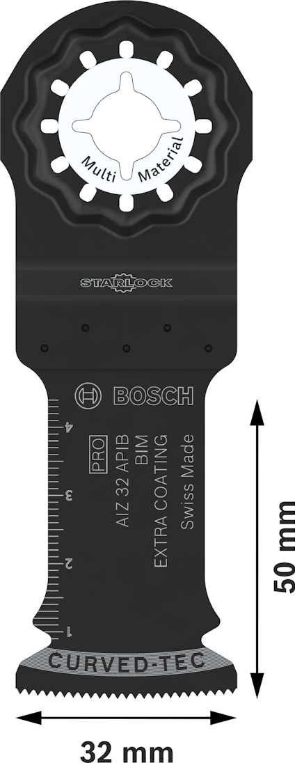 Multiverktygsblad med tandad kant, text "BOSCH Pro AIZ 32 APT", längdmarkering och pilar som visar 50 mm och 32 mm.