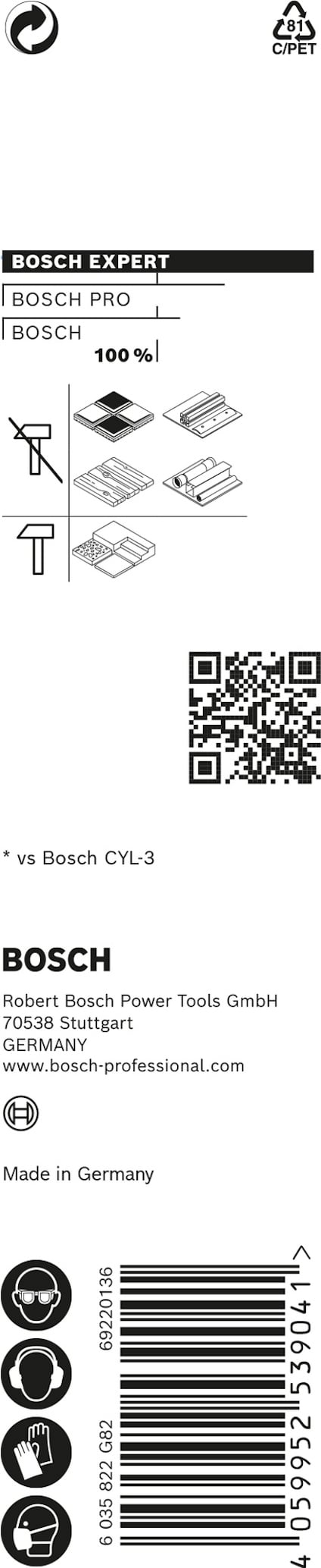 Förpackning för Bosch Expert kapblad, med QR-kod och symboler för olika material. Text: Bosch Pro. Made in Germany.