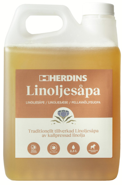 Plastdunk med Herdins Linoljesåpa, etikett i brunt och vitt med text på svenska och symboler för olika användningsområden.