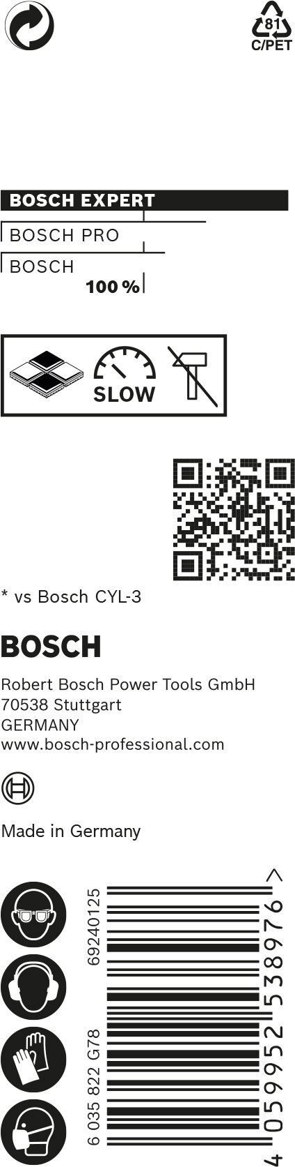 Förpackning med Bosch borr, QR-kod och diverse symboler, svart text på vit bakgrund.