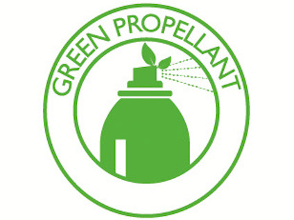 Grön cirkel med texten "GREEN PROPELLANT" och bild av en sprayburk med växt ovanpå.