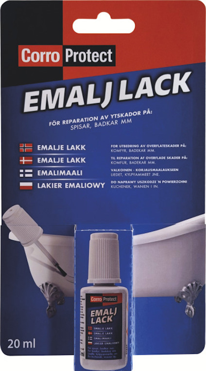 Förpackning med "Corro Protect Emalj Lack", 20 ml, för reparation av ytskador på spisar och badkar.