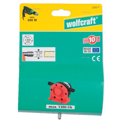 Förpackning med röd pumpadapter för borrar, märkt "wolfcraft", max 1300 l/h.