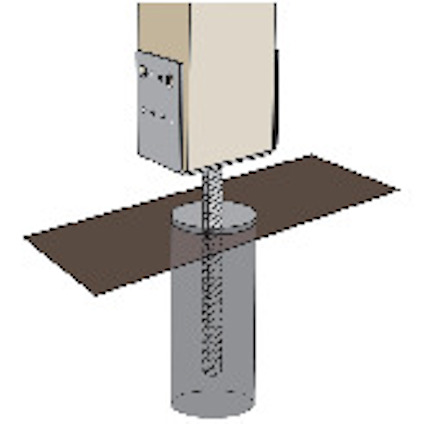 Illustration av en träbalk som fästs i en metallhylsa med en skruv över en betongpelare.