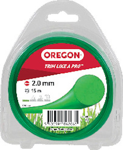 Grön trimmerlina 2,0 mm, 15 m från märket Oregon, i plastförpackning. EAN-kod 5400591067065.