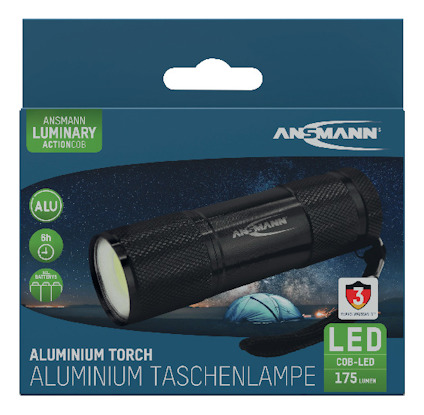 Förpackning med en svart Ansmann aluminiumficklampa, betonar COB-LED och 175 lumen, 6 timmars batteritid, och 3 års garanti.