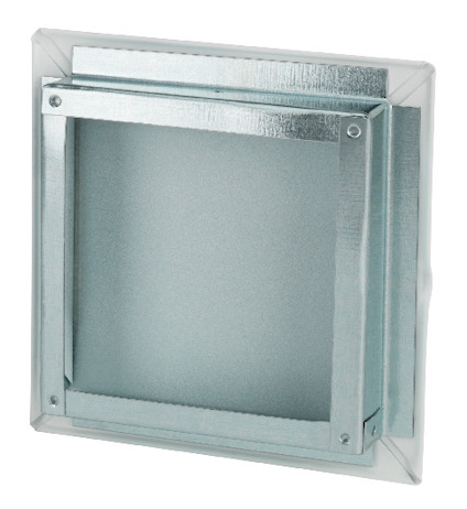Kvadratisk glasblock med metallram.