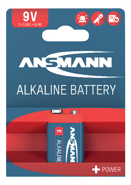 Förpackning av 9V Ansmann alkaliska batterier med blå och röd design.