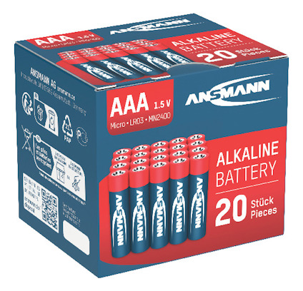 Förpackning med 20 alkaliska AAA-batterier från märket Ansmann, 1.5V.
