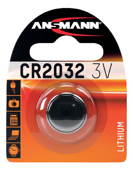 CR2032 3V lithiumbatteri i förpackning, märkt Ansmann, avsett för kamera, klocka, miniräknare och bärbar dator.