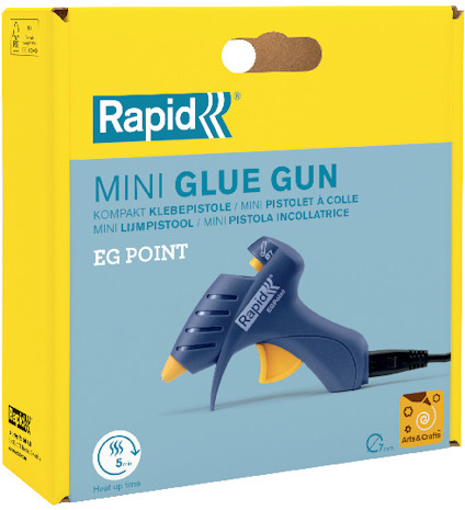 Förpackning till Rapid Mini Glue Gun med illustration av limpistol och text på flera språk.