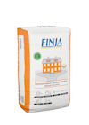 Vit och orange säck med texten "FINJA Hydrauliskt Kalkbruk" och illustration av ett hus.