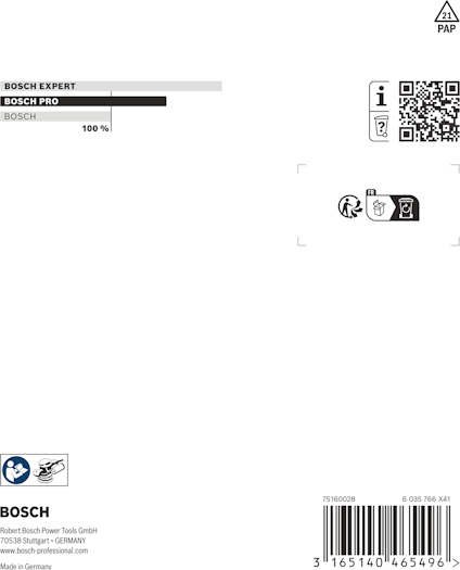 Förpackning för Bosch Pro-verktyg med QR-kod, återvinningssymboler och streckkod. Hänvisningar till "Bosch Expert".