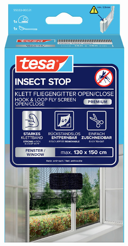 Förpackning med Tesa Insect Stop nät för fönster, mått 130 x 150 cm, med kardborrefäste.