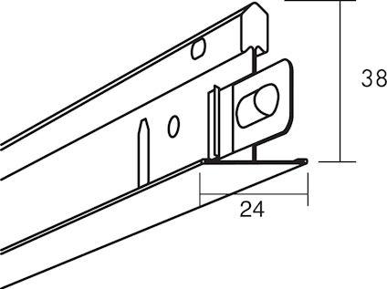Ritning av en metallprofilskena med måtten 24 mm och 38 mm angivna.