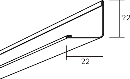 Linjerad ritning av en L-formad profilskena med mått 22x22 markerade.