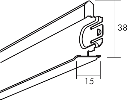 Diagram av en metallprofil i genomskärning med måtten 38 och 15 markerade i millimeter.